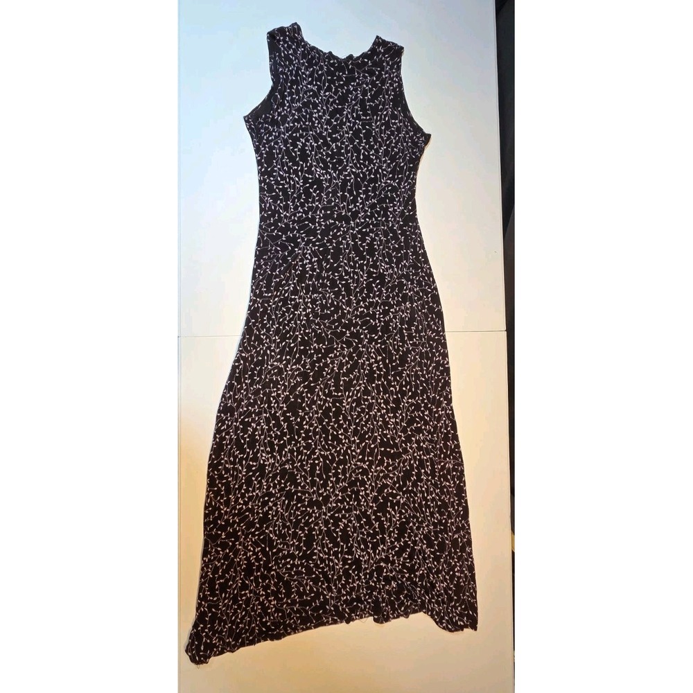 413 Black Floral Maxi Dress Women's Sleeveless Stretch Leaf Print Long Dress